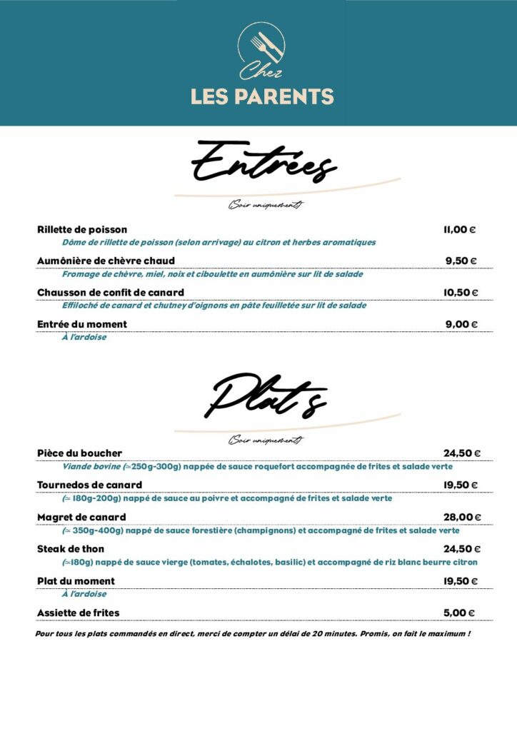 Carte des entrées et plats du restaurant Chez les parents à Pechbonnieu, vendredi et samedi soir de 19h à 22h