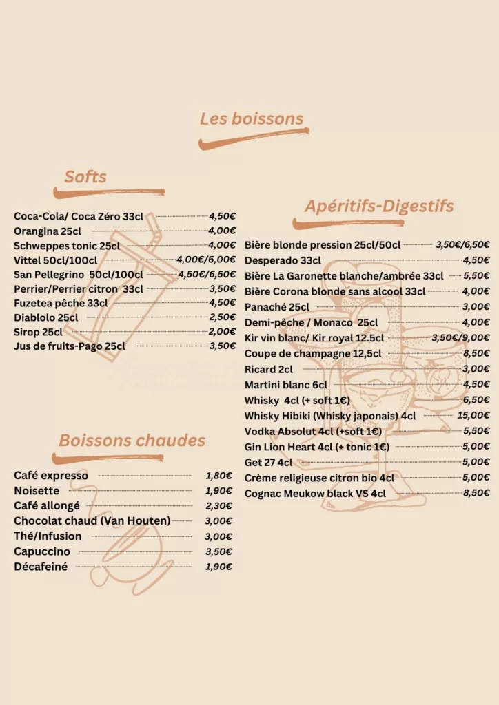 Carte des boissons Chez les Parents Pechbonnieu